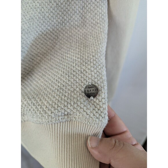 Men's Esprit Waffle Knit Crew Neck Long Sleeve Sweater Cream Gray Raglan L (D14) - Picture 2 of 9